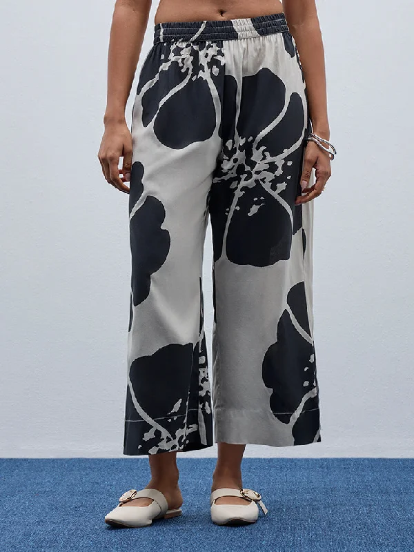 Utsa Black & Off-White High-Rise Floral Printed Ethnic Pants