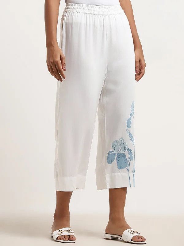 Utsa White Floral Printed High-Rise Ethnic Pants