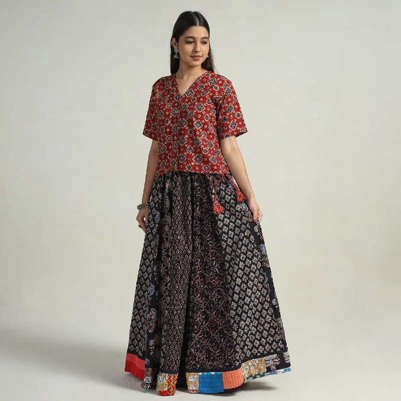 Black - Kutch Block Printed 24 Kali Cotton Long Skirt 02