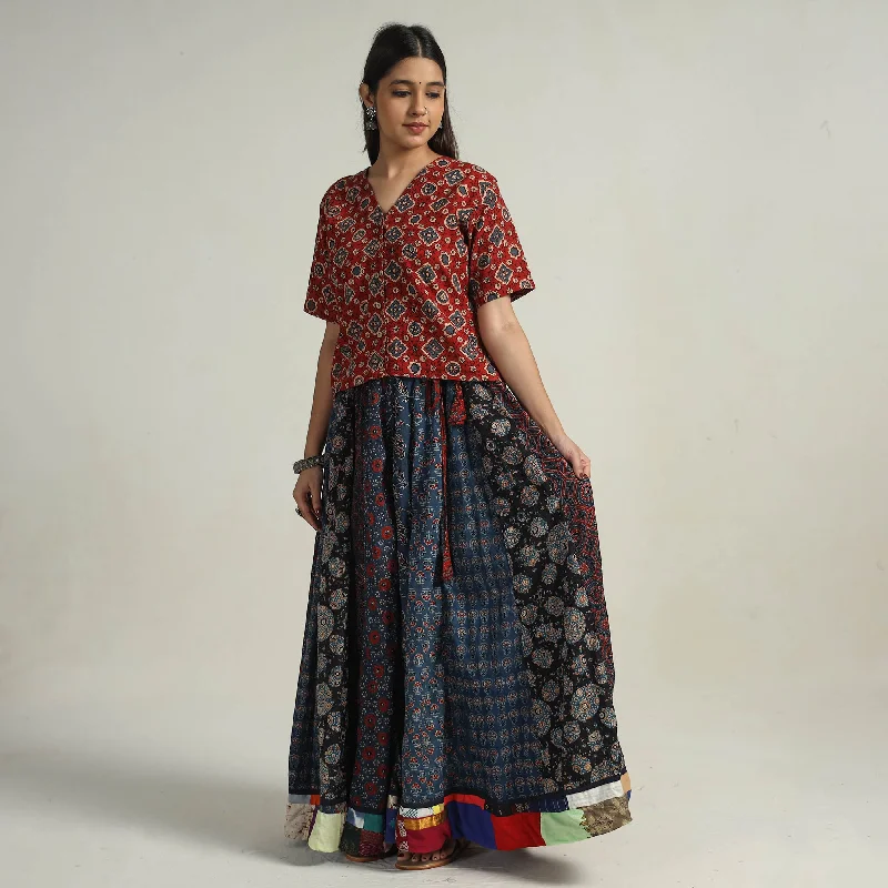 Multicolor - Kutch Block Printed 24 Kali Cotton Long Skirt 26