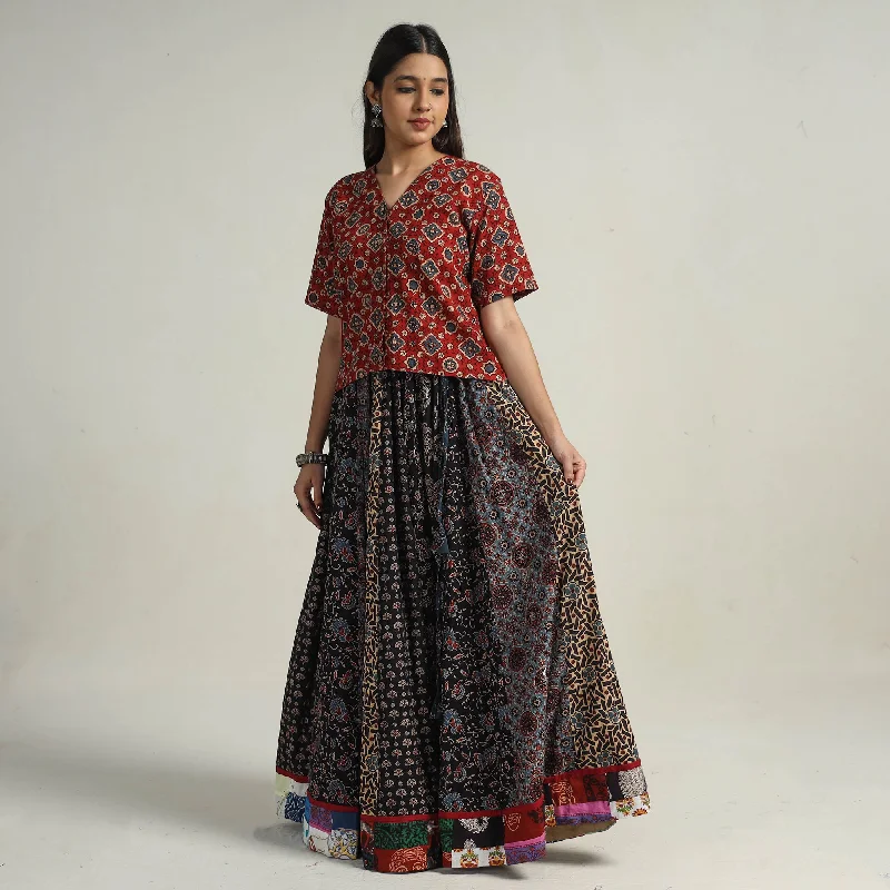 Multicolor - Kutch Block Printed 24 Kali Cotton Long Skirt 36