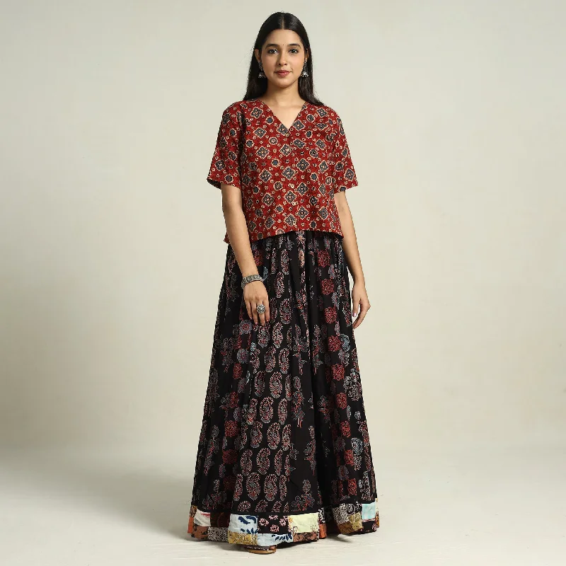 Black - Ajrakh Block Printed 24 Kali Patchwork Cotton Long Skirt 16