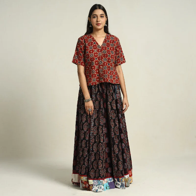 Black - Ajrakh Block Printed 24 Kali Patchwork Cotton Long Skirt 29