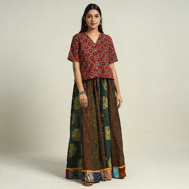 Multicolor - Ajrakh Block Printed 24 Kali Patchwork Cotton Long Skirt 30