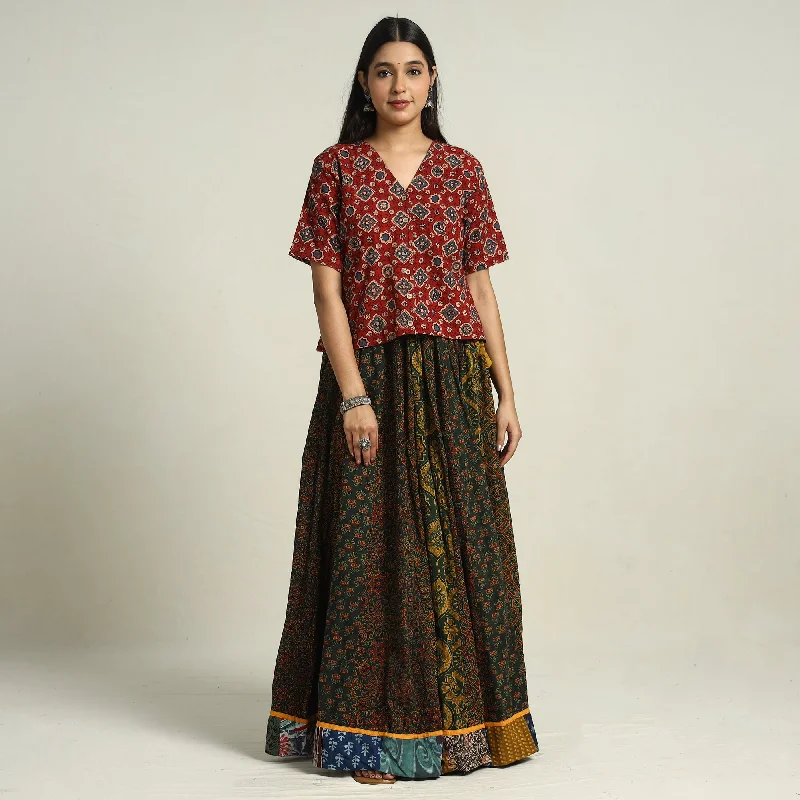 Green - Ajrakh Block Printed 24 Kali Patchwork Cotton Long Skirt 37