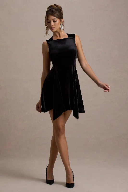 Baker | Black Velvet Draped-Hem Mini Dress