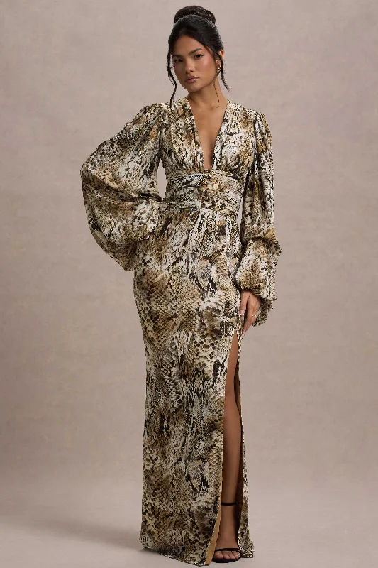 Casarile | Snake Print V-Neck Balloon Sleeve Maxi Dress