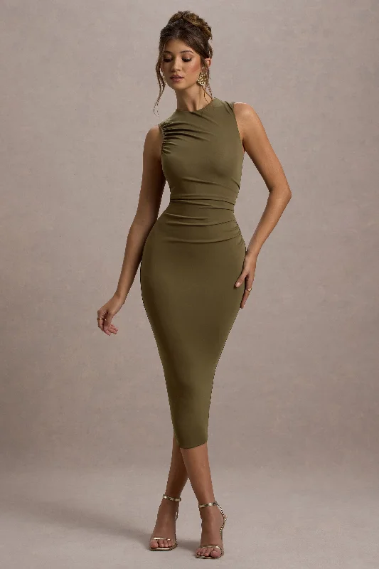 Jemma | Khaki Bodycon Ruched Midi Dress