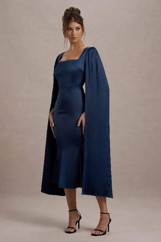 Nalda | Navy Square-Neck Midi Dress With Cape Sleeves