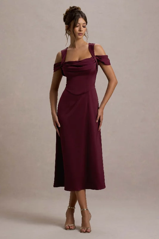 Sawyer | Wine Satin Draped Midi Dress