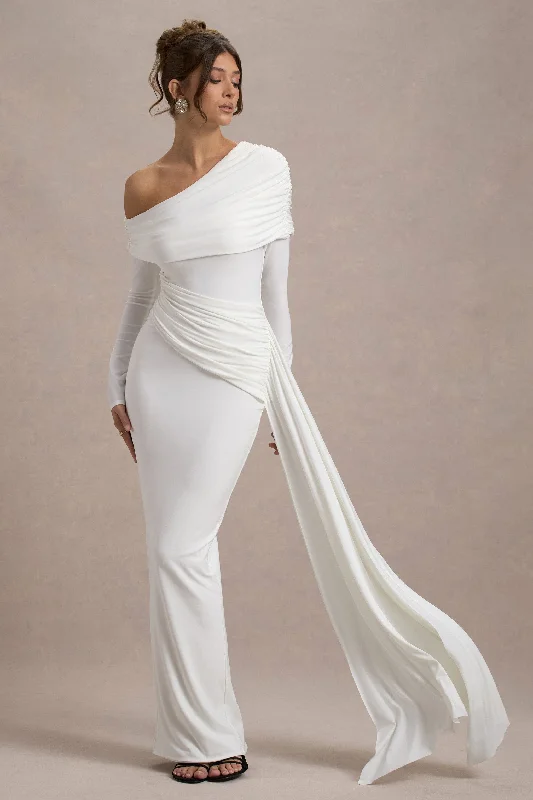 Valina | White Ruched Asymmetric Maxi Dress With Drape