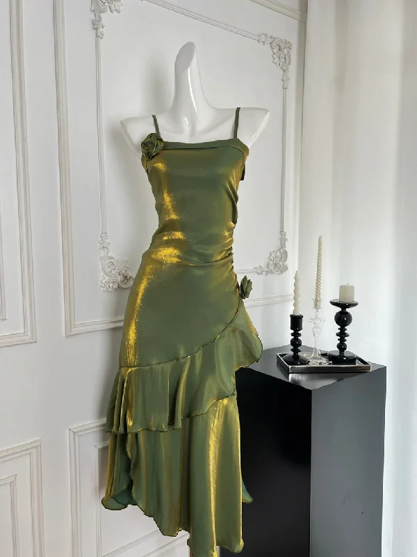 Asymmetric Ruffle Hem Flower Metallic Green Dress