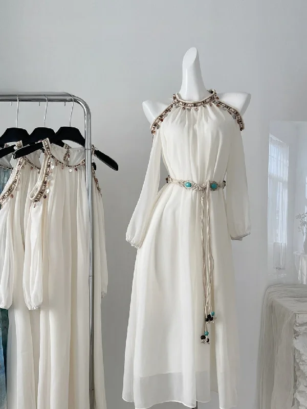 Braided Belt Beaded High-Neck Dress