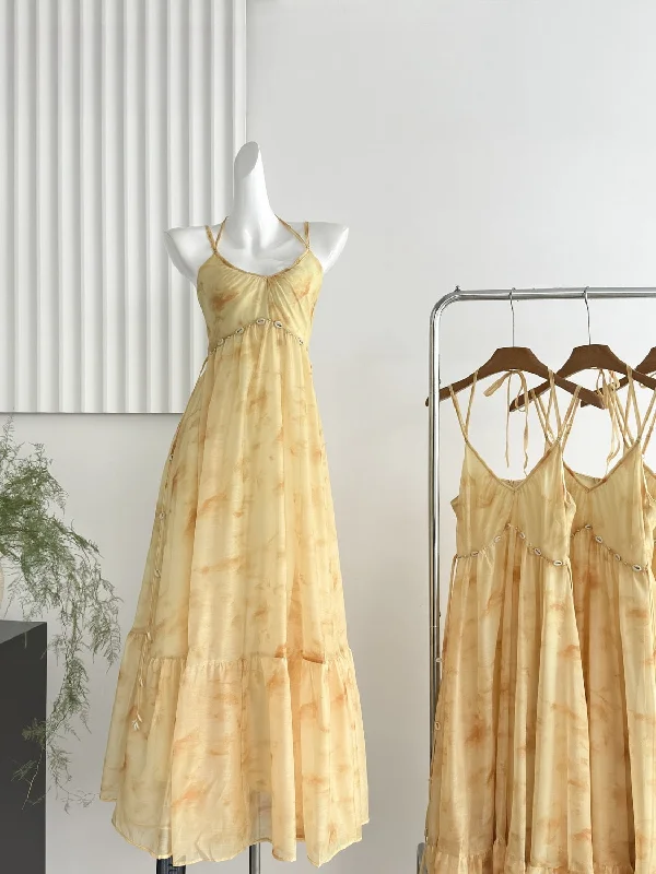 Button Yellow Tie-Dye Halter Maxi Dress