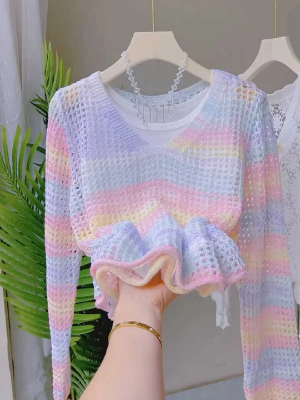 Crochet V-Neck Airy Pastel Rainbow Sweater