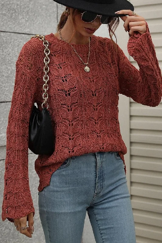 PATTERNED CABLE KNIT LOOSE SLEEVE SWEATER TOP