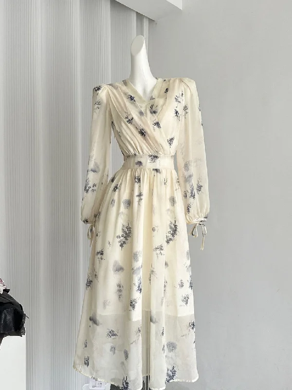 Long Sleeves Elegant Midi Length Floral Wrap Dress