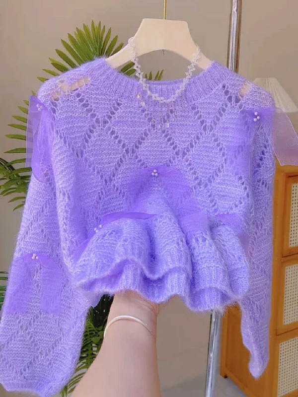 Tulle Bows Pearls Lavender Sweater