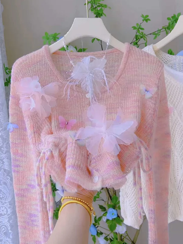 Whimsical Floral Butterfly Soft Pink Sweater